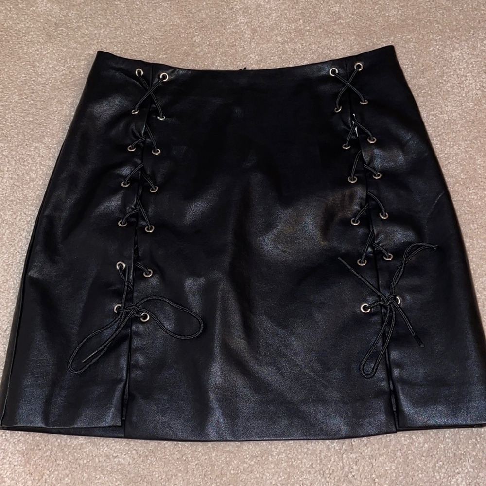 Black Lace - Up Leather Skirt